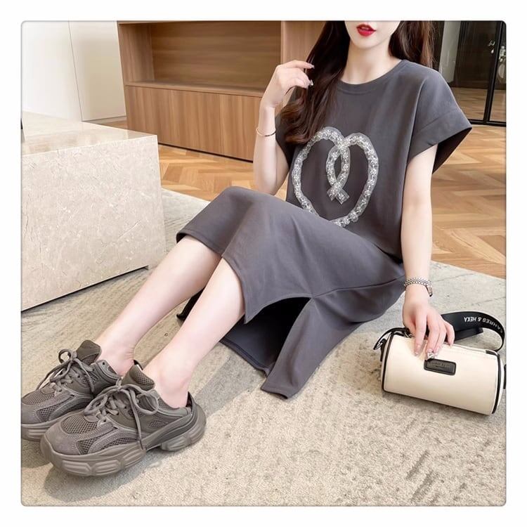 韓国系 ロング ハートマーク Tシャツ 半袖 ＜S-2837＞