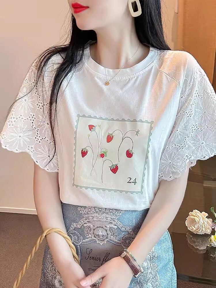 大好評 レース 上質 刺繍 切り替え 全2色 半袖Tシャツ＜S-8869＞