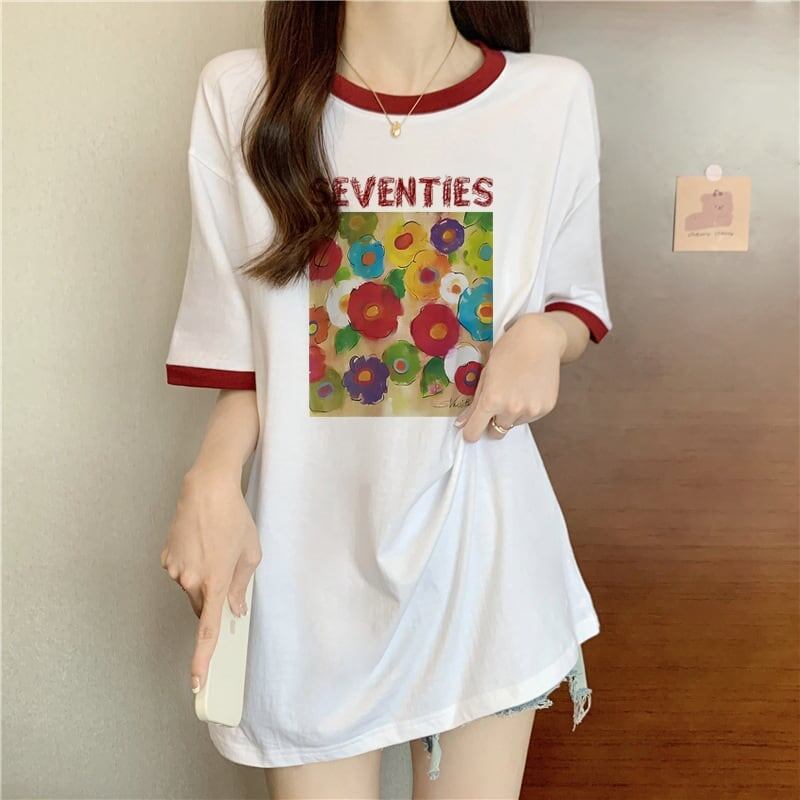 着せ 配色 プリント ロング Tシャツ 四色 ゆったり半袖 ＜S-3019＞