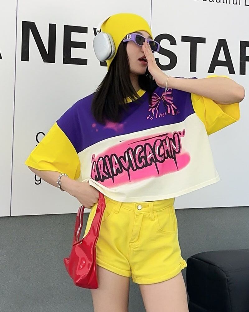 着回し力抜群 切り替え三色 韓国系 ゆったり半袖Tシャツ ＜S-8455＞