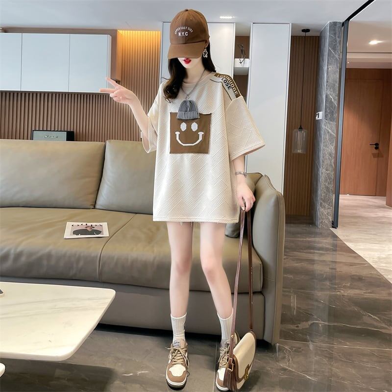 エレガントな立体ジャガードルーズウールパッチステッチ半袖Tシャツ<S-2901>