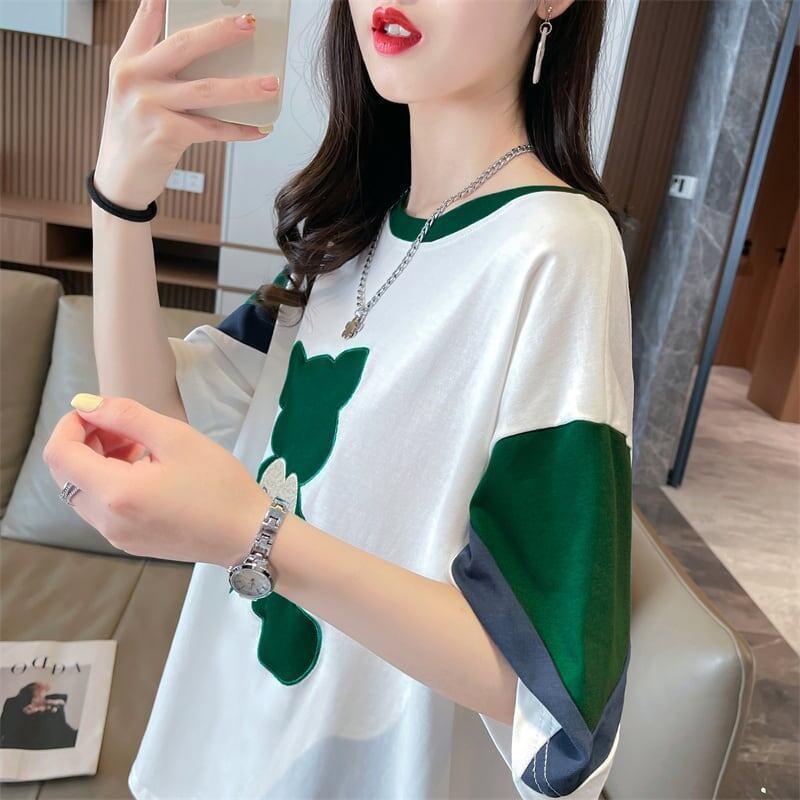 カジュアルルーズワッペン刺繍ステッチカラーブロック半袖Tシャツ<S-2870>