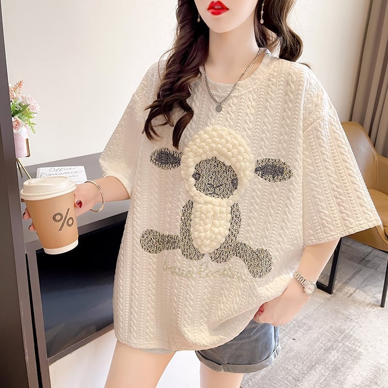 高級立体ハンドビーズコットン半袖Tシャツ<S-2998>