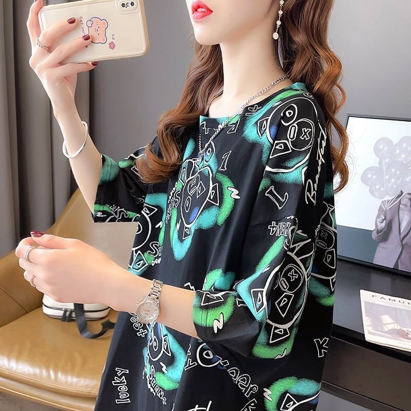 好感度満載 プリント 美感いっぱい Tシャツ カットソー ワンピース＜S-3501＞