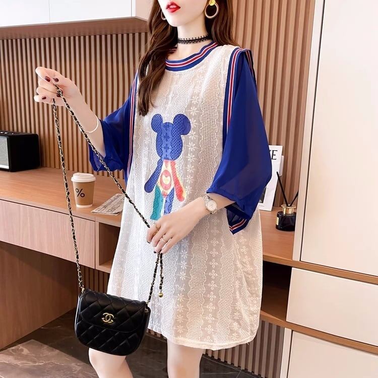 夏新作 レース ベアー カラーマッチング ロングTシャツ ゆったり5分袖 ＜S-2942＞