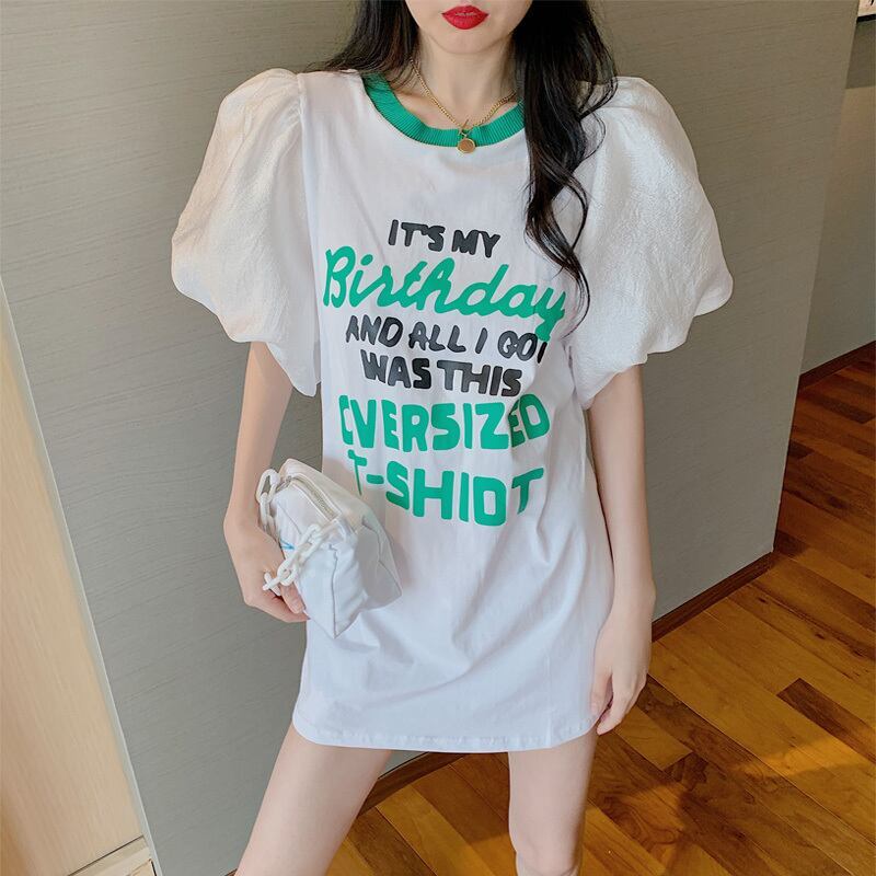 話題沸騰中 パフスリーブ ファッション プリント 全2色 半袖 Tシャツ <S-8662>
