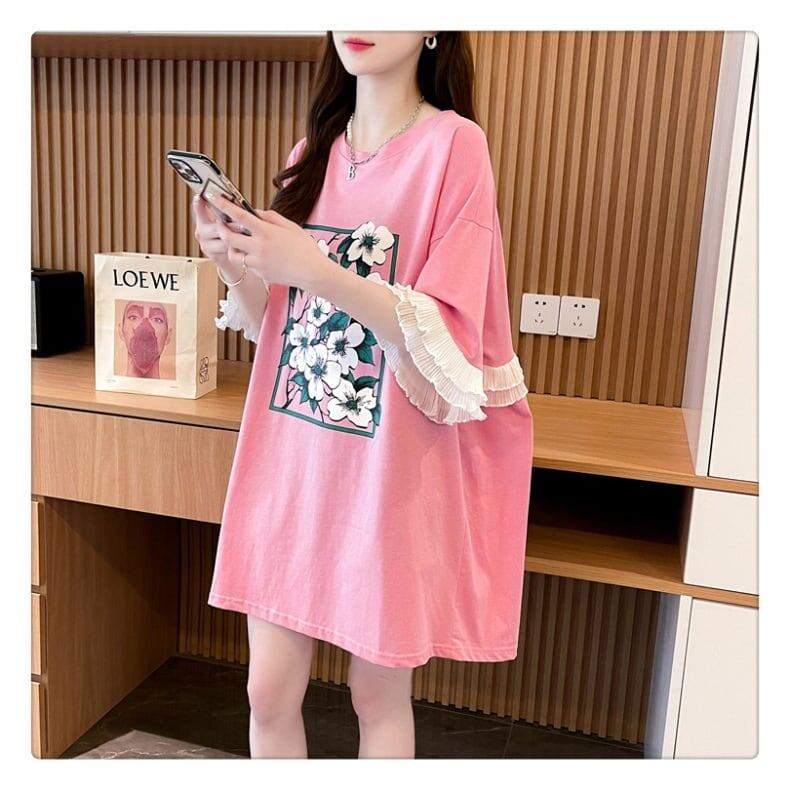 優しい雰囲気 プリント フリル切り替え ロングTシャツ ゆったり半袖＜S-2891＞