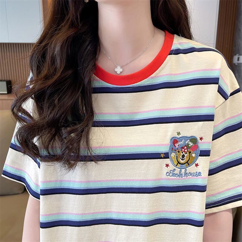 大人可愛い ストライプ柄 カジュアル 刺繍 半袖Tシャツ カットソー ＜S-8571＞
