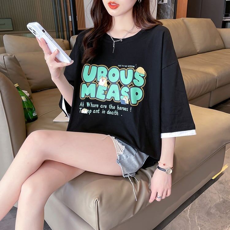 新作 プリントTシャツ ロング アルファベット オーバーサイズ＜S-2808＞