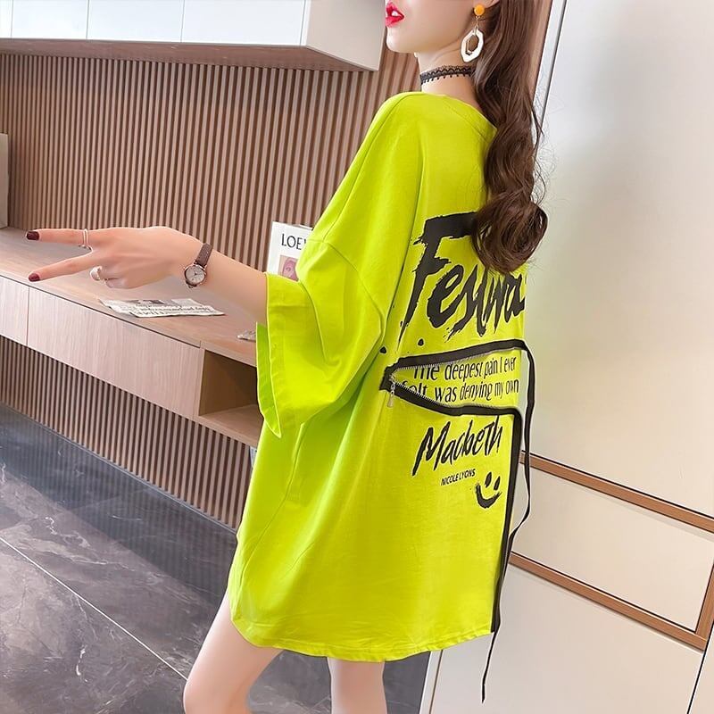 デザイン個性ゆったりミドル丈半袖Tシャツ<S-3036>