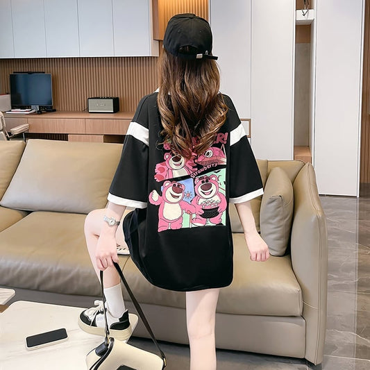 POLOネック 切り替え 熊柄 ロング プリント Tシャツ 二色 ゆったりワンピース ＜S-3020＞