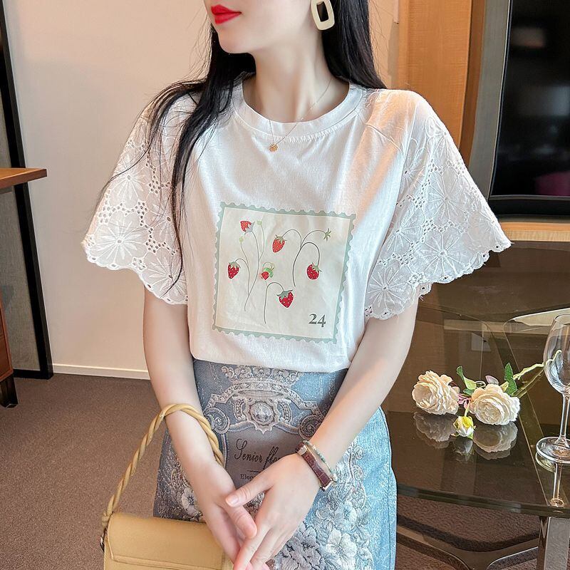 大好評 レース 上質 刺繍 切り替え 全2色 半袖Tシャツ＜S-8869＞