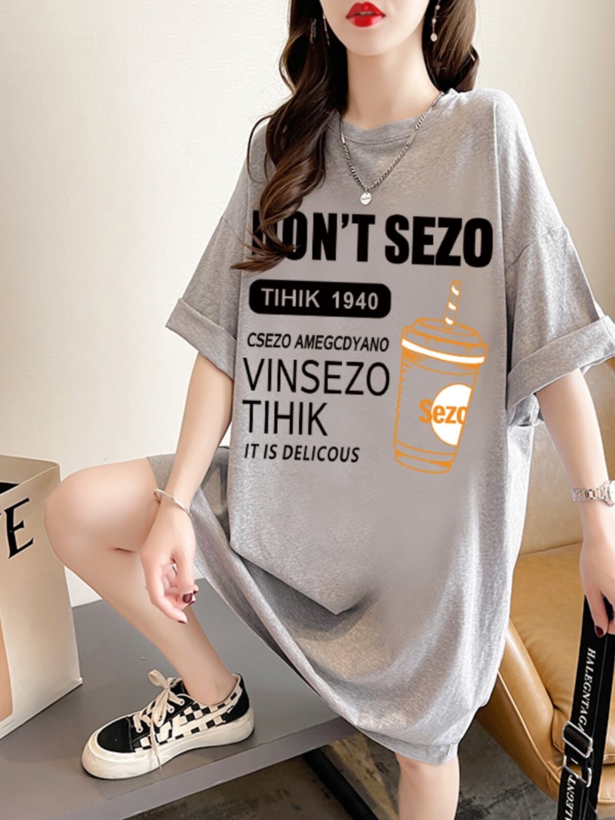 快適 ラウンドネック カジュアル 半袖 Tシャツ ワンピース＜S-8634＞