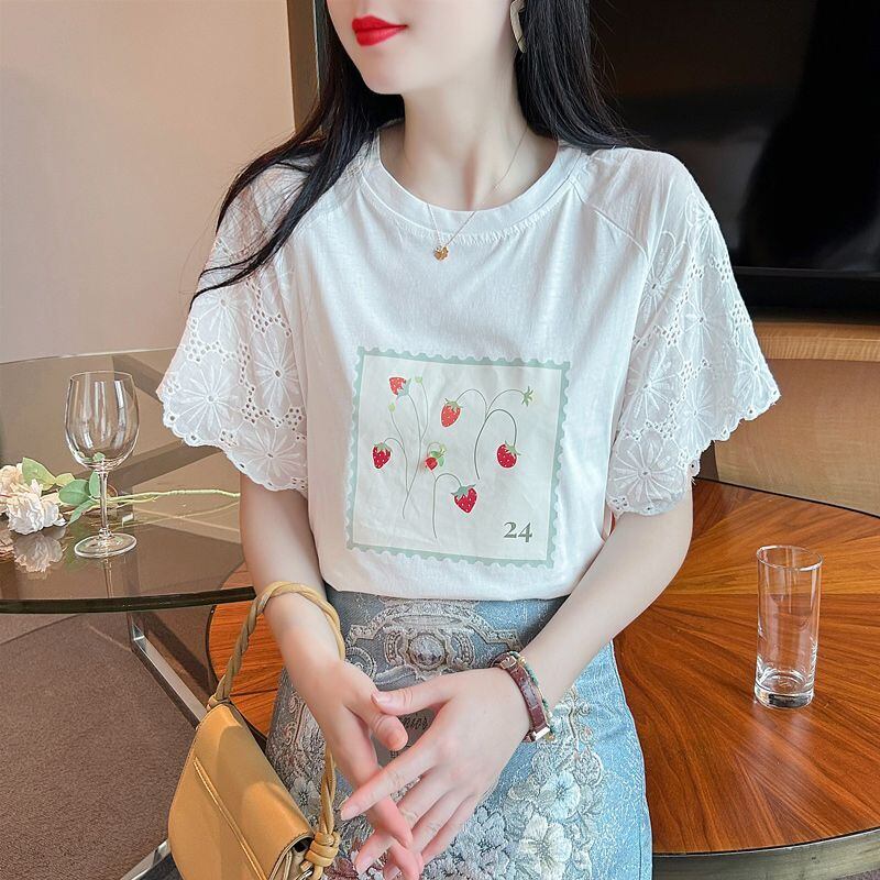 大好評 レース 上質 刺繍 切り替え 全2色 半袖Tシャツ＜S-8869＞