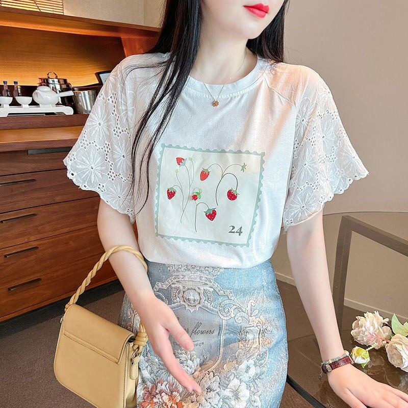 大好評 レース 上質 刺繍 切り替え 全2色 半袖Tシャツ＜S-8869＞