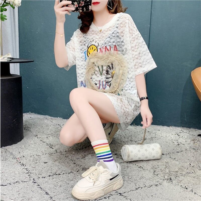デザイン感 透かし彫り チャーミング プリント Tシャツ カットソー＜S-3199＞