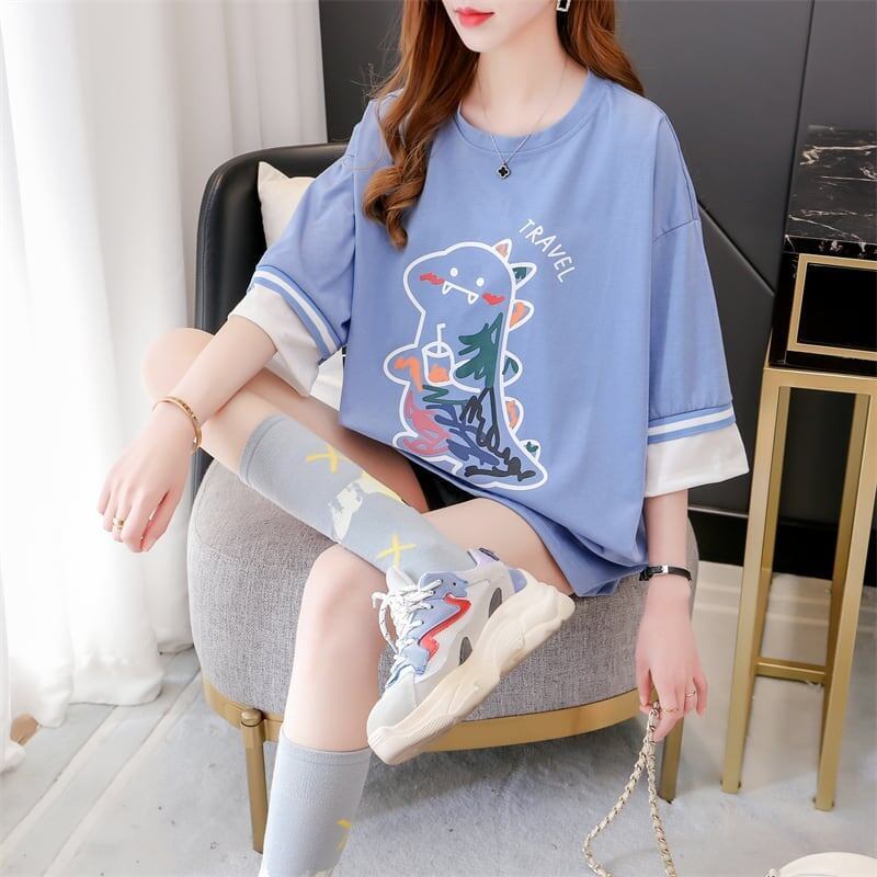 合わせやすい アルファベット ラウンドネック プリントTシャツ ゆったり ワンピース＜S-3992＞