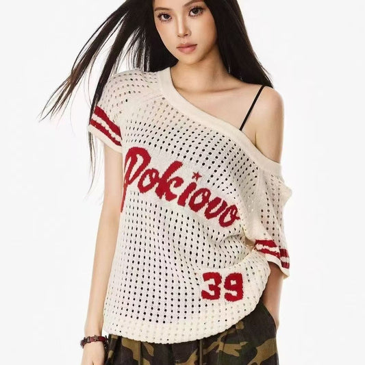 透かし編み オフショルダー 人気 半袖 Tシャツ <S-13184>