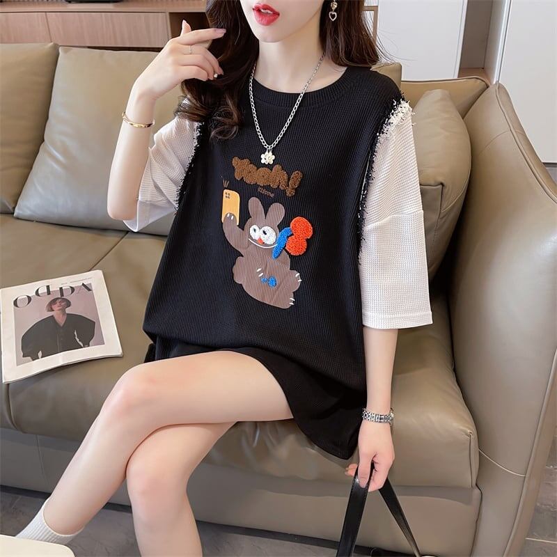 ワッフルフェイクツーピース漫画立体刺繍半袖Tシャツ<S-2871>