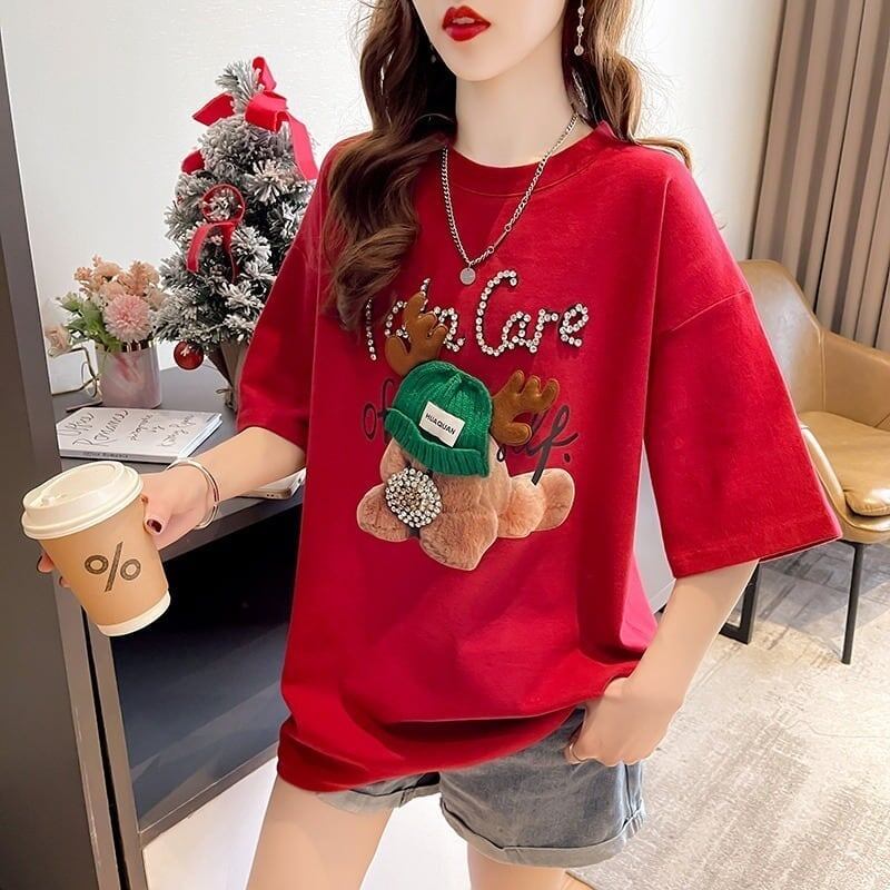 大活躍 ロング ビジューロゴ Tシャツ ゆったり 半袖 三色＜S-2922＞