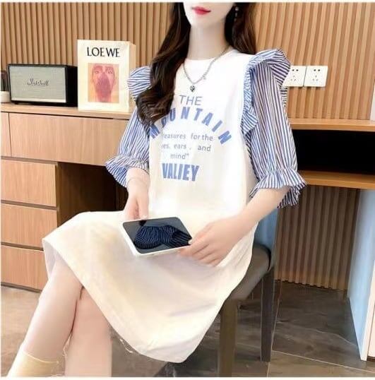 夏新作 カラーマッチング スカラップスリーブ ロング Tシャツ ゆったり 5分袖 ＜S-2854＞