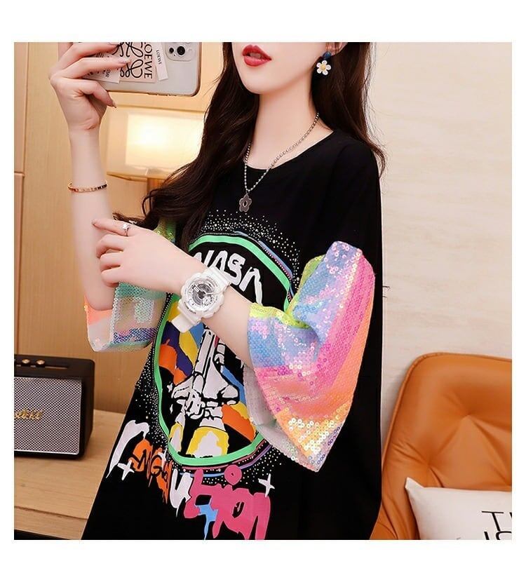 大好評 プリントTシャツ スパンコール切り替え ゆったり半袖＜S-2890＞