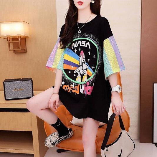 新作 プリント 切り替え ピンク プリント スパンコール 全3色 半袖Tシャツ＜S-8165＞