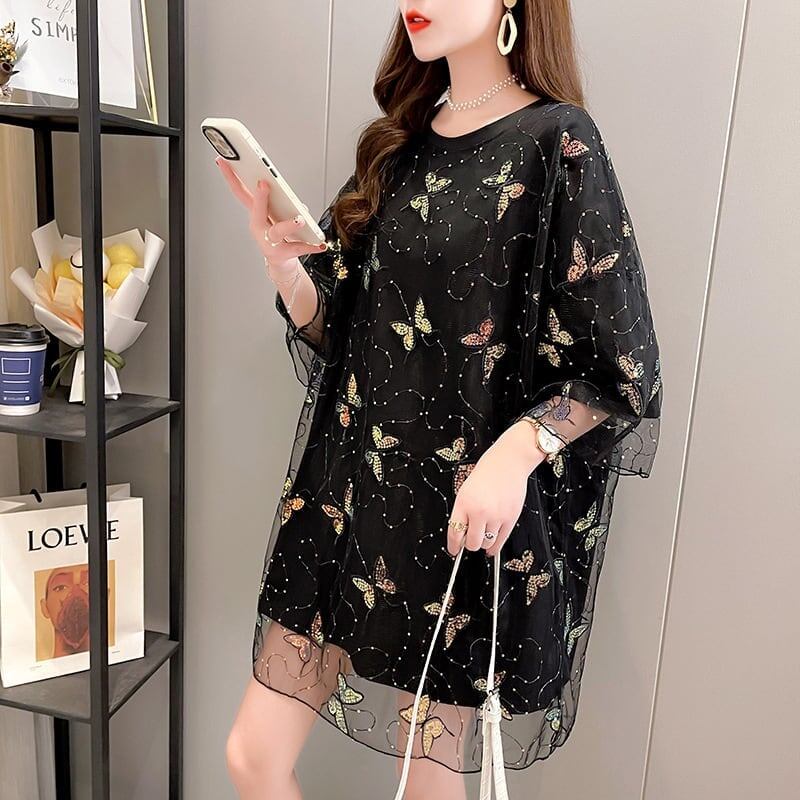 イントレンディなメッシュフェイクツーピースバタフライTシャツルーズトップ<S-2858>
