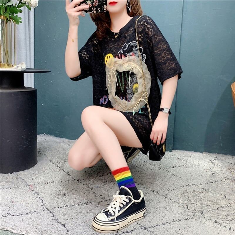 デザイン感 透かし彫り チャーミング プリント Tシャツ カットソー＜S-3199＞