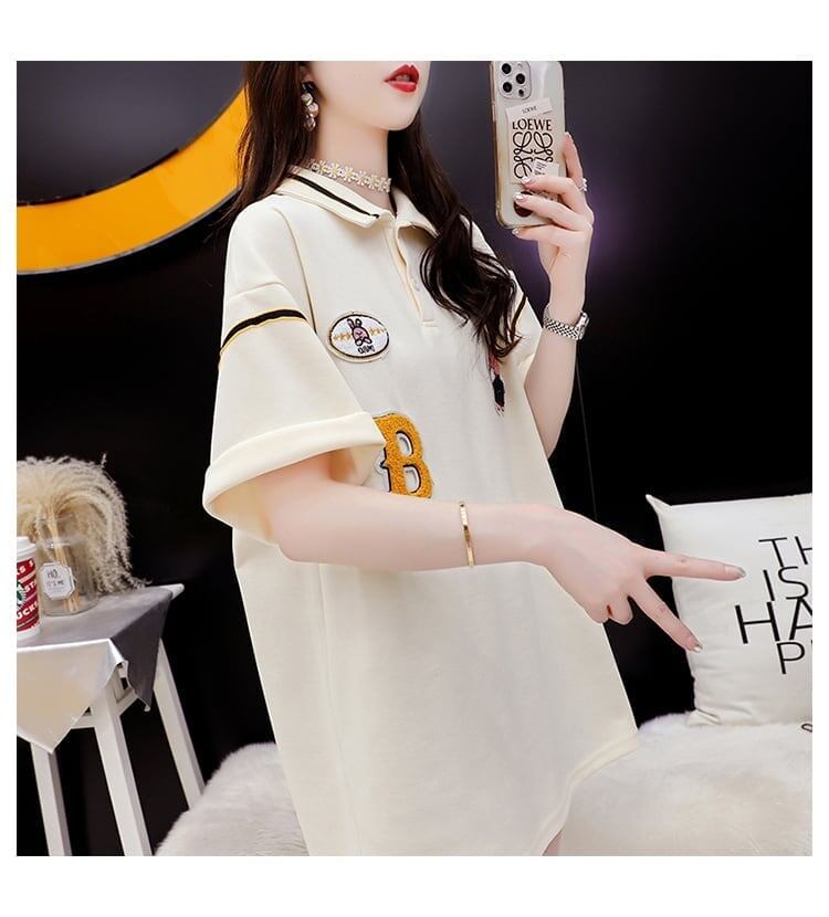 韓国系 ロング POLOネック Tシャツ 四色 ゆったり半袖 ＜S-2869＞