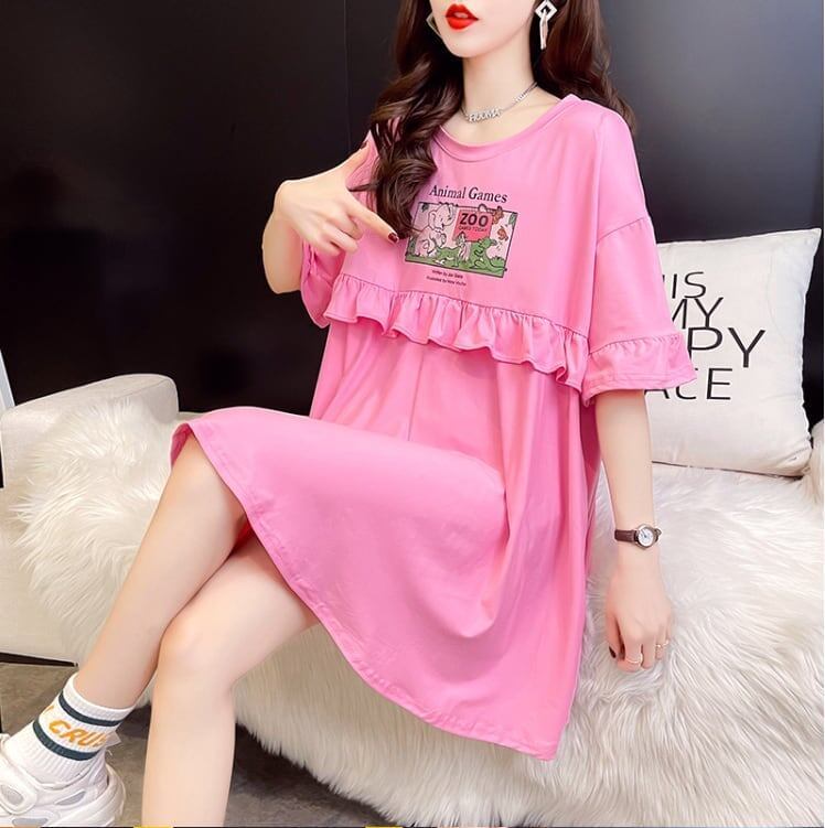 ミドル丈のイレギュラー半袖Tシャツワンピース<S-5007>