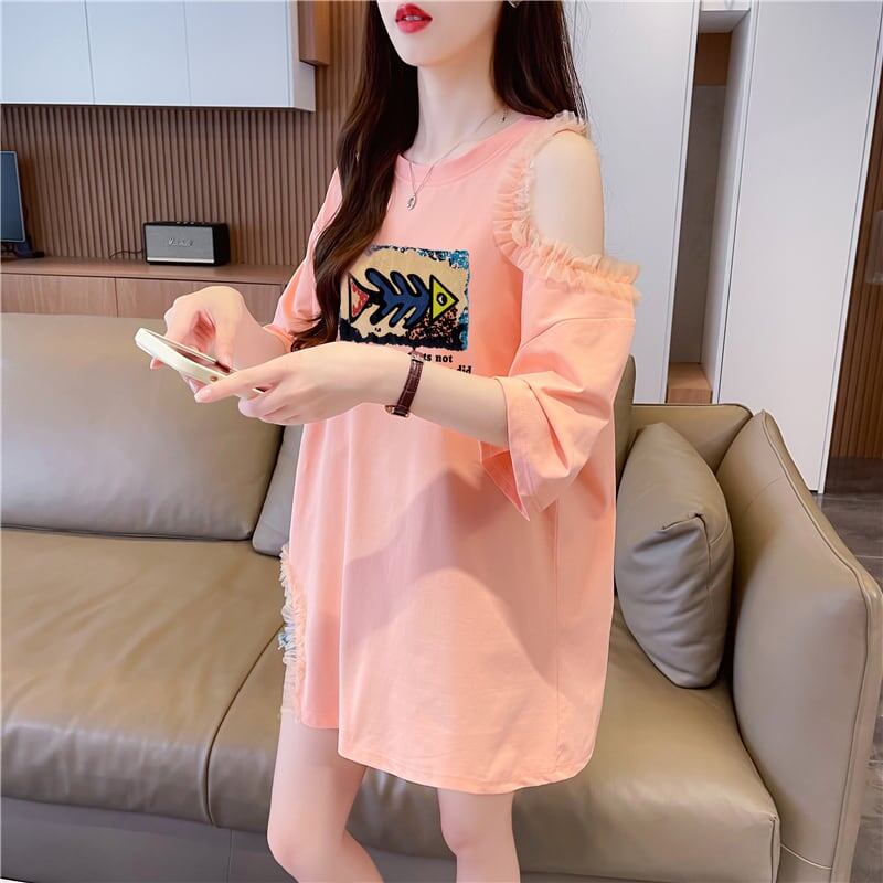 おしゃれ度高め レース 美人度アップ 切り替え プリント全4色 Tシャツ カットソー＜S-9213＞