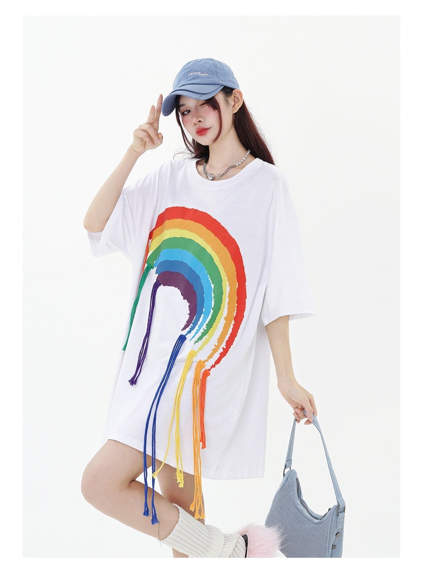 好感度UP 虹ロゴ タッセル ゆったり Tシャツ 全2色 ユニセックス半袖<S-4863>