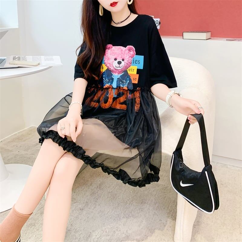 デザインセンスレースステッチフェイクツーピース半袖Tシャツワンピース<S-2964>