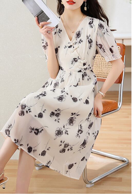 今季マストバイ シフォン ファッション 花柄 半袖ワンピース<S-8452>