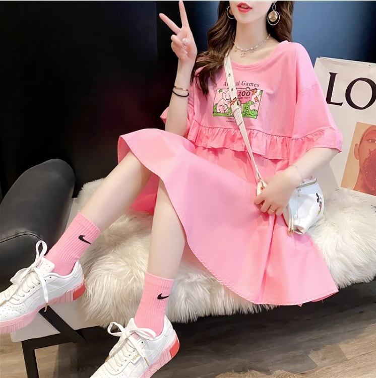 ミドル丈のイレギュラー半袖Tシャツワンピース<S-5007>