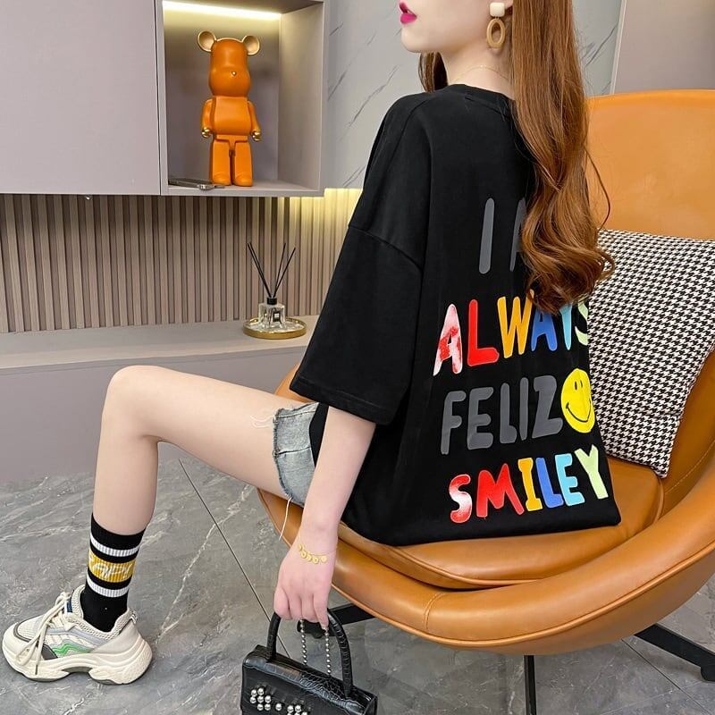 レインボースマイリーファッションオールマッチルーズ半袖Tシャツ<S-2860>