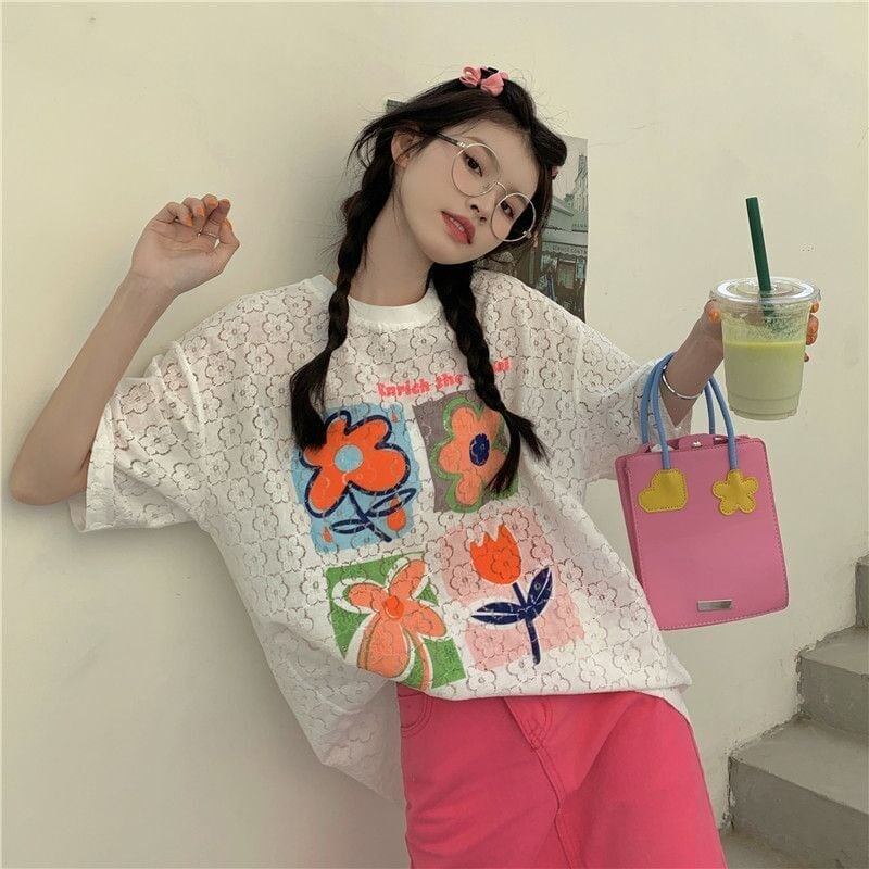 新作 プリント 透かし彫り ゆったり 半袖 Ｔシャツ <S-8089>