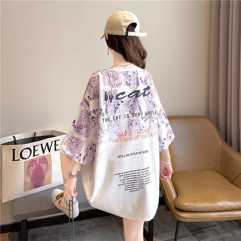【半額！期間限定！！】大好評 プリント 猫柄 ロング Tシャツ 四色 ゆったりワンピース ＜S-4017＞