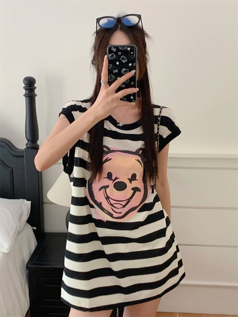 おしゃれ度アップ ノースリーブ ストライプ柄 ロング Tシャツ ゆったり ワンピース＜S-2977＞