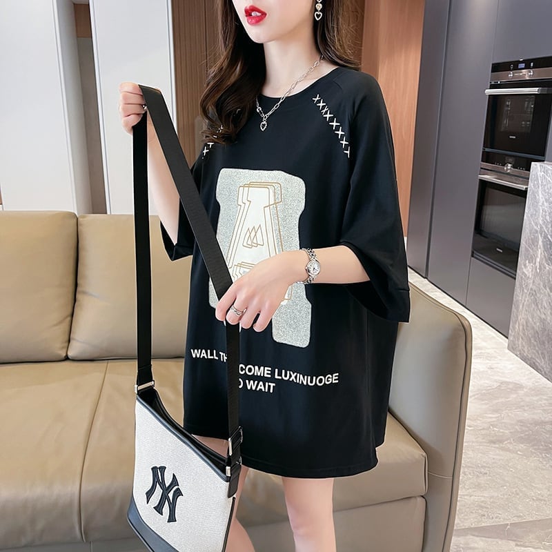 超人気商品 ロング アルファベット プリントTシャツ 三色 ゆったり半袖 ＜S-4019＞
