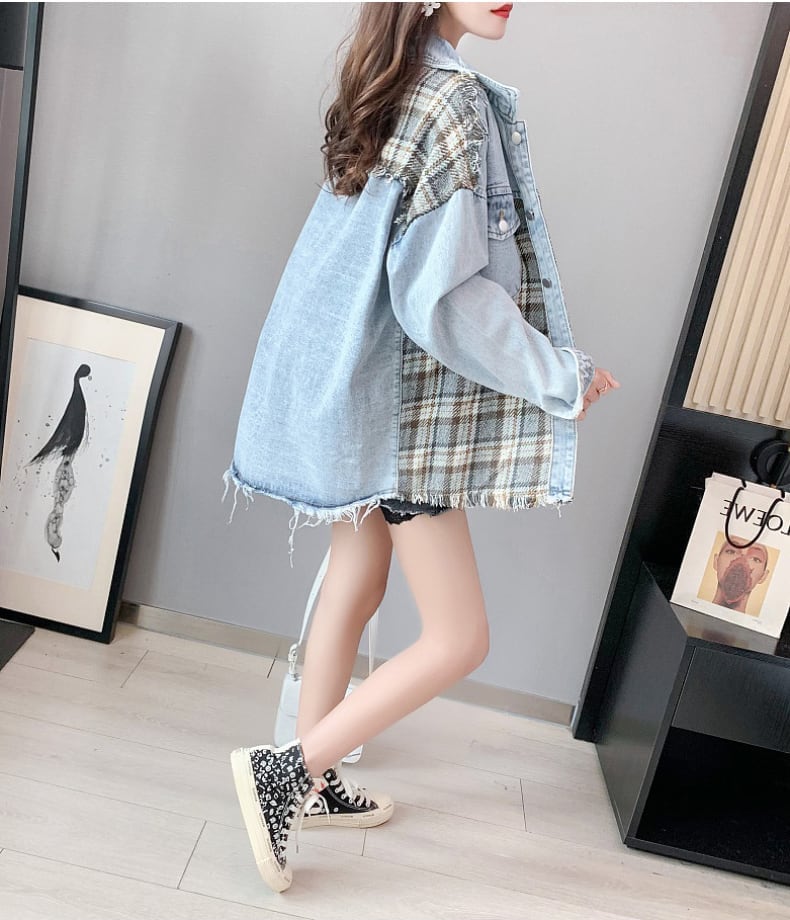 絶対流行 ファッション 活躍する優秀アイテム チェック柄 切り替え デニム Tシャツ ＜S-9264＞