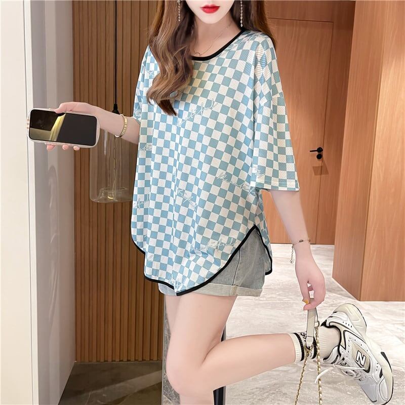 好感度満載 ラウンドネック 女性力を高める チェック柄 Tシャツ カットソー＜S-2985＞