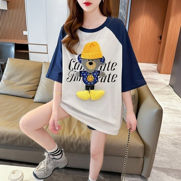大注目 ラグランTシャツ カラーマッチング クマちゃん アルファベットプリント半袖 ＜S-2970＞
