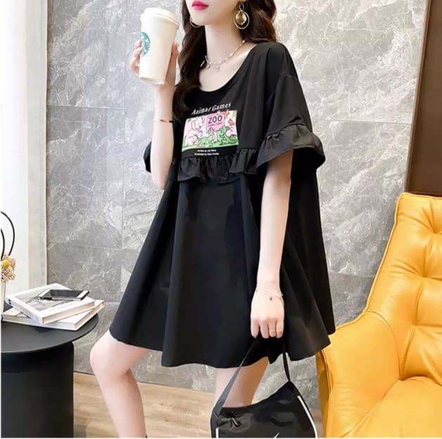 ミドル丈のイレギュラー半袖Tシャツワンピース<S-5007>