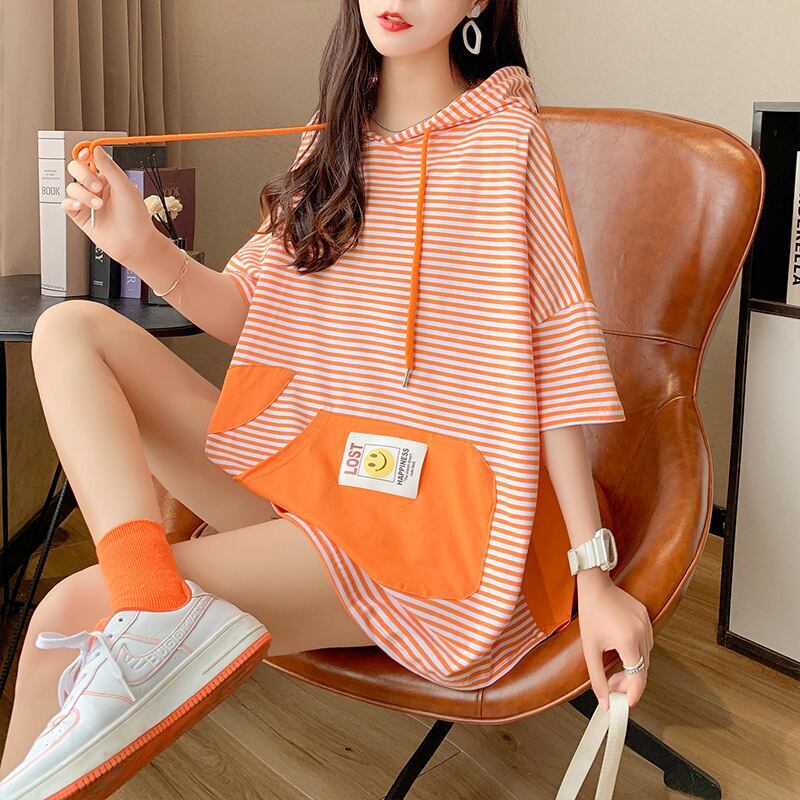 スタイルアップ効果抜群 ストライプ柄 アバンギャルド 切り替え レース プリント全2色 半袖Tシャツ<S-9111>
