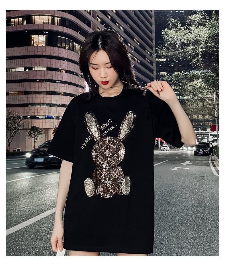 合わせやすい ビジュー ウサギ ロング Tシャツ ゆったり 半袖 ＜S-2887＞