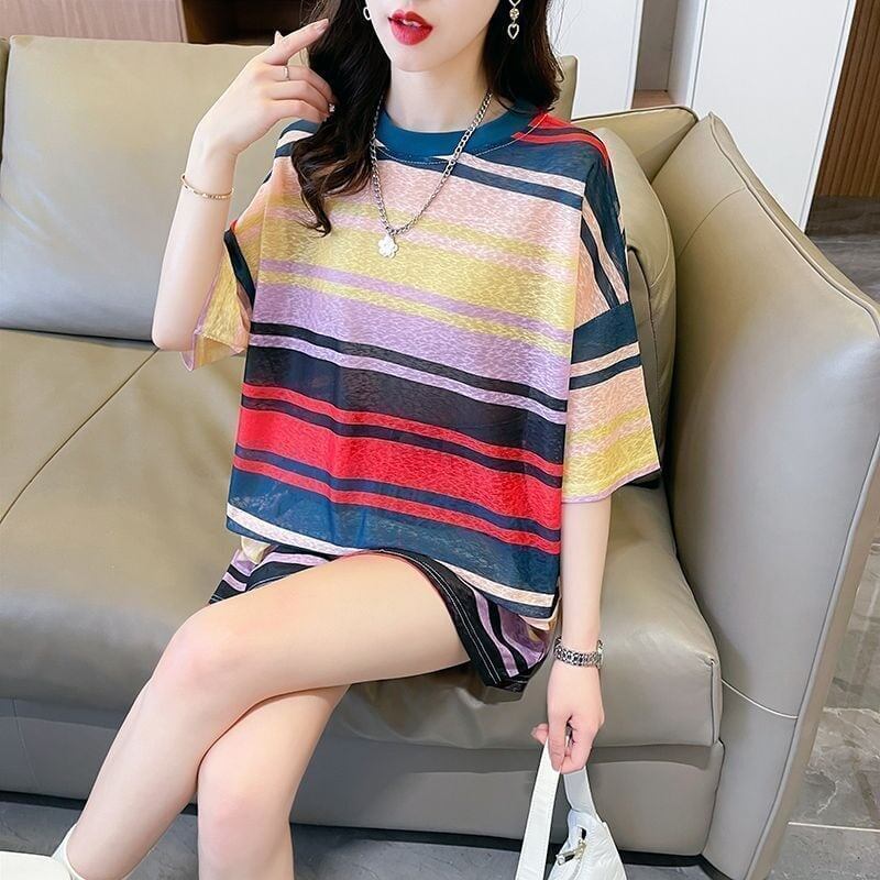 大感謝祭り UV対策 UVカット ストライプ柄 半袖Tシャツ 全3色＜S-4959＞
