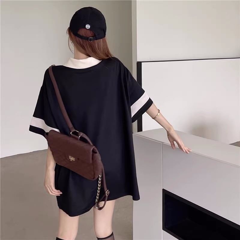 韓国系 オーバーサイズ POLOネック グラフィック ロング Tシャツ 三色 ゆったりワンピース＜S-4025＞