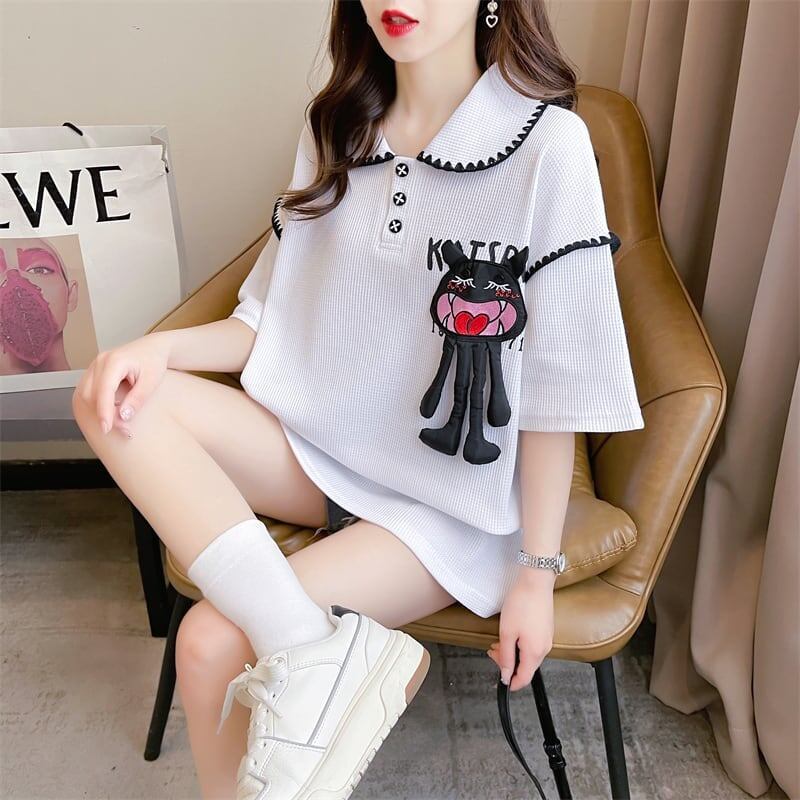 美人度アップ 折り襟 ワッフル ぬいぐるみ付き ロング Tシャツ ゆったり半袖 ＜S-2930＞